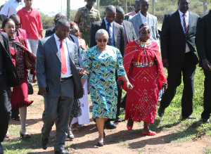 First Lady Margaret Kenyatta arrives in Maralal for the official handing over of the 3rd Beyond Zero mobile clinic to Samburu County officials. Photo/PSCU